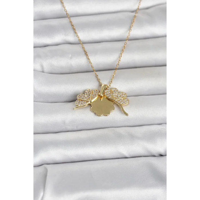 BUĞZ 316L Çelik Gold Renk Açılabilir Yonca Model Zirkon Taşlı Kadın Kolye - BUĞZ