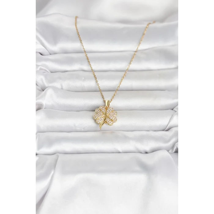 BUĞZ 316L Çelik Gold Renk Açılabilir Yonca Model Zirkon Taşlı Kadın Kolye - BUĞZ