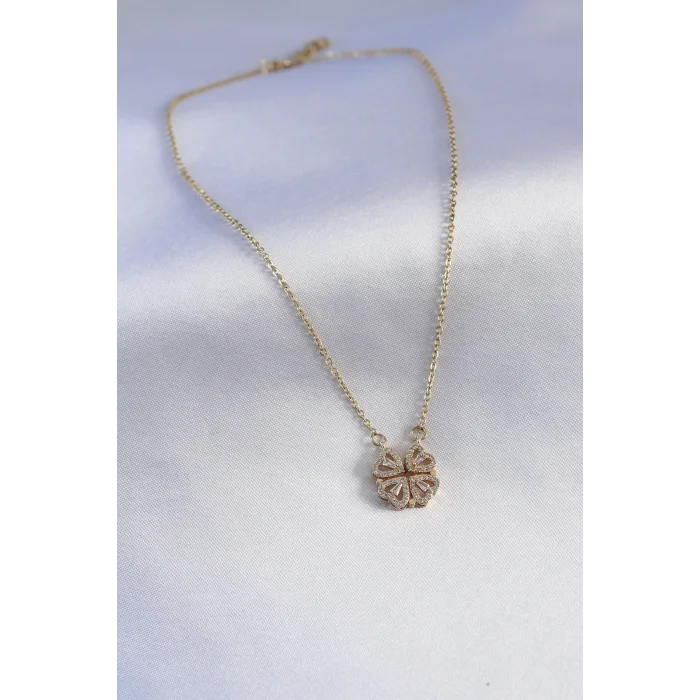 BUĞZ 316L Çelik Gold Renk Açılır Zirkon Taşlı Yonca Model Kadın Kolye - Lisinya