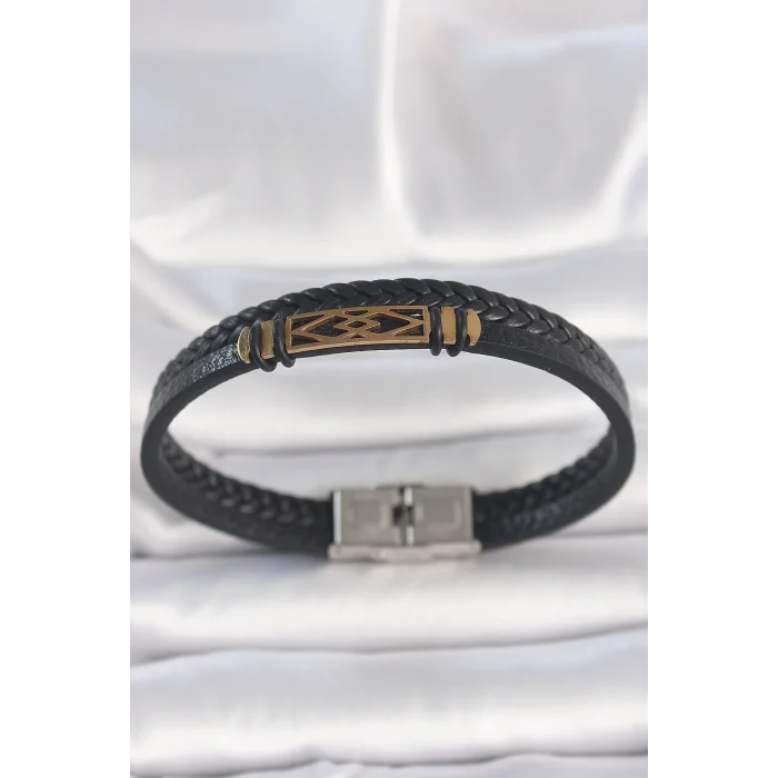 BUĞZ 316L Çelik Gold Renk Aksesuarlı Çift Sıra Siyah Burgu Desenli Deri Kordon Erkek Bileklik