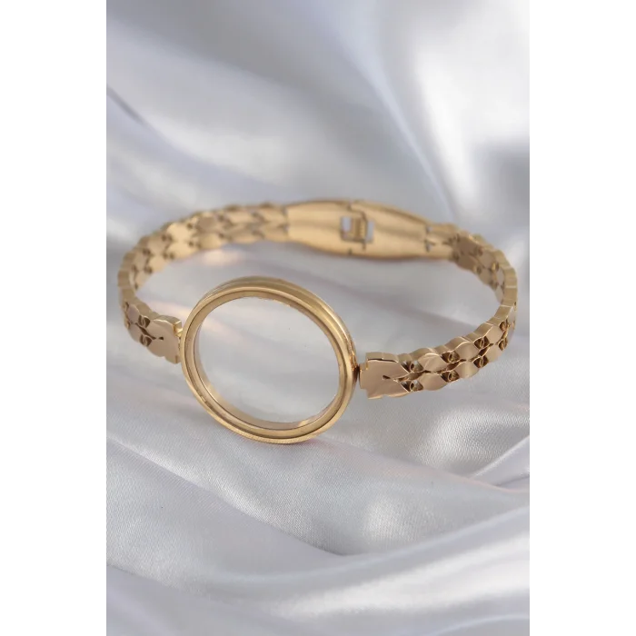 BUĞZ 316L Çelik Gold Renk Arpa İşleme Açılabilir Fanus Model Kadın Kelepçe - Lisinya