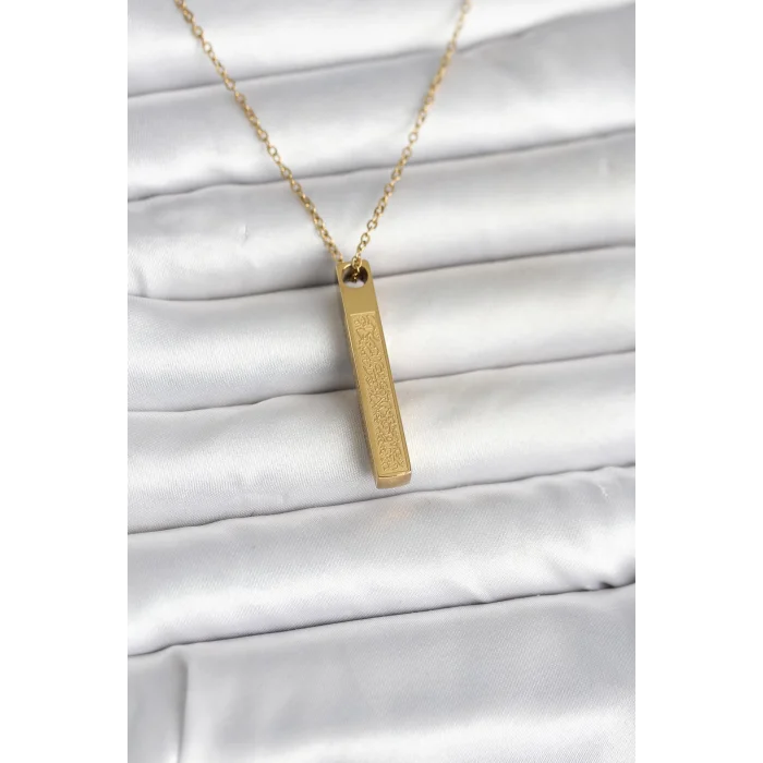 BUĞZ 316L Çelik Gold Renk Ayetel Kürsi Yazılı Bar Çubuk Kolye - BUĞZ