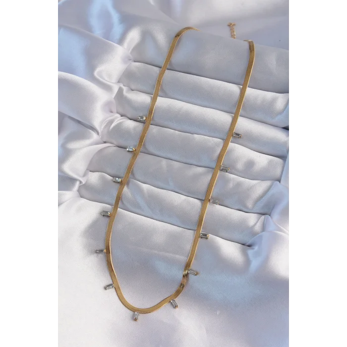 BUĞZ 316L Çelik Gold Renk Baget Taşlı İtalyan Zincir Kolye - Lisinya