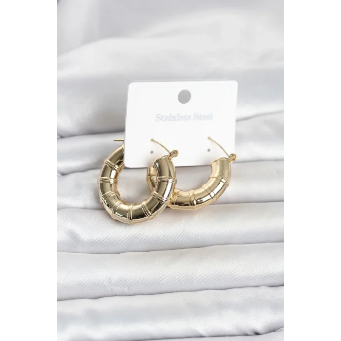 BUĞZ 316L Çelik Gold Renk Bambu Model Halka Kadın Küpe
