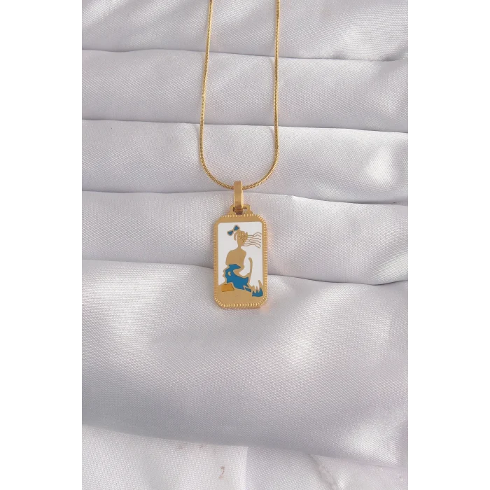 BUĞZ 316L Çelik Gold Renk Beyaz Mineli Kız Figür Tarot Kolye