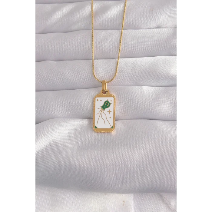 BUĞZ 316L Çelik Gold Renk Beyaz Mineli Tarot Kolye