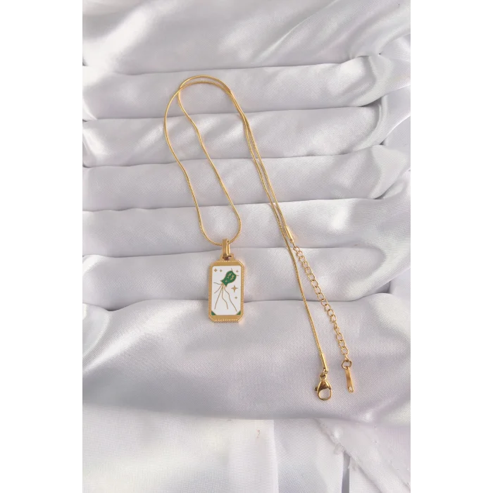 BUĞZ 316L Çelik Gold Renk Beyaz Mineli Tarot Kolye - Lisinya