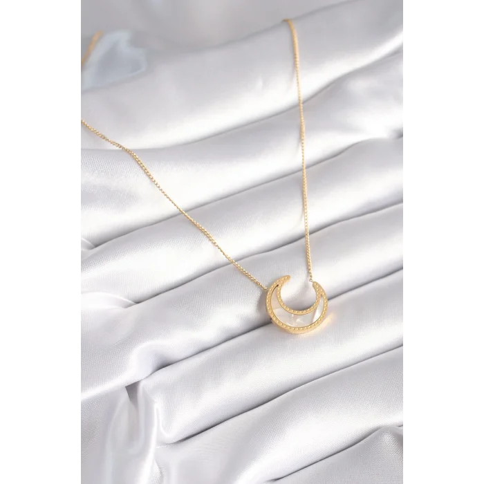 BUĞZ 316L Çelik Gold Renk Beyaz Sedefli Hilal Model Kadın Kolye - Lisinya