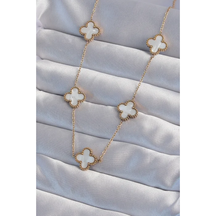 BUĞZ 316L Çelik Gold Renk Beyaz Sedefli Yonca Kolye