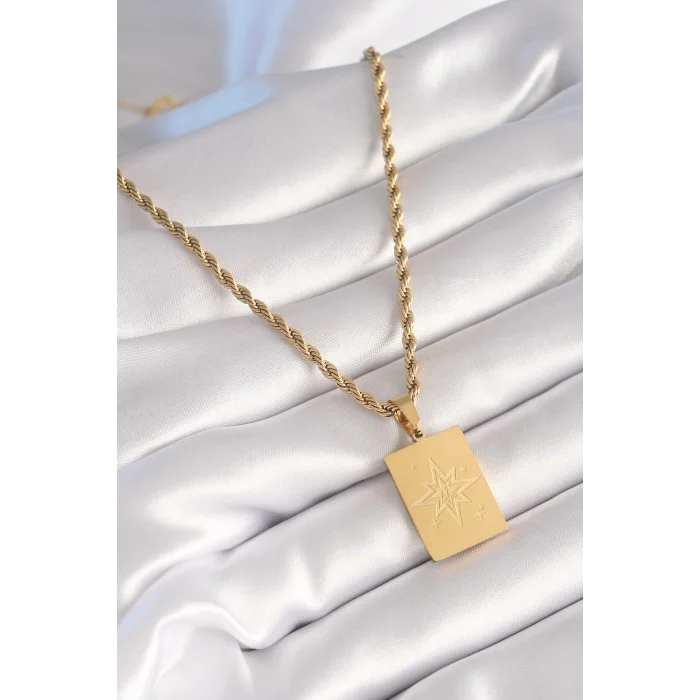 BUĞZ 316L Çelik Gold Renk Burgu Zincir Kutup Yıldızı İşleme Plaka Figür Kadın Kolye - Lisinya