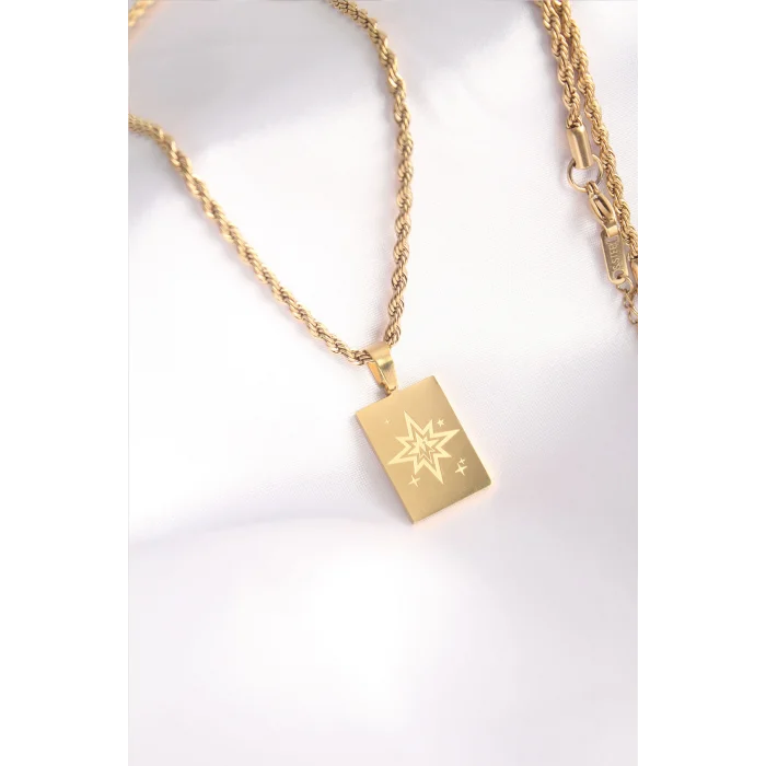 BUĞZ 316L Çelik Gold Renk Burgu Zincir Kutup Yıldızı İşleme Plaka Figür Kadın Kolye - Lisinya