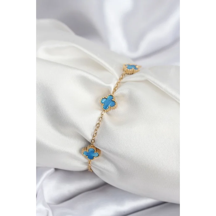 BUĞZ 316L Çelik Gold Renk Buz Mavisi Baby Boy Yonca Kadın Bileklik