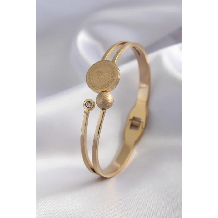 BUĞZ 316L Çelik Gold Renk Çeyrek Altın Zirkon Taş Detay Kadın Kelepçe