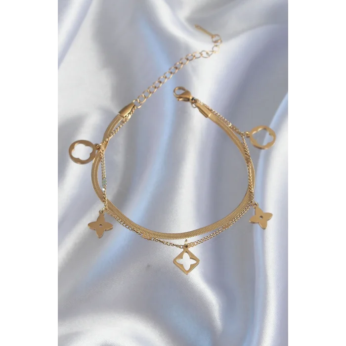 BUĞZ 316L Çelik Gold Renk Çift Zincir Yonca Tasarım Bileklik