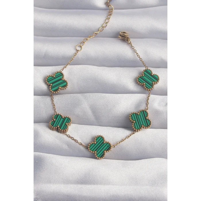 BUĞZ 316L Çelik Gold Renk Çizgili Yeşil Mineli Yonca Bileklik