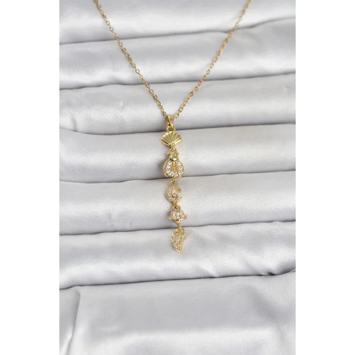 BUĞZ 316L Çelik Gold Renk Deniz Temalı Y Model Zirkon Taşlı Kadın Kolye