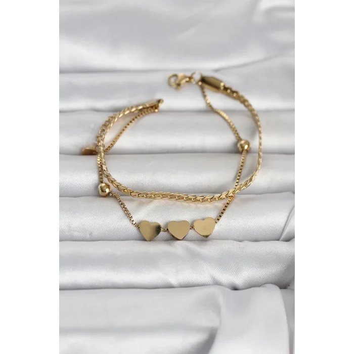 BUĞZ 316L Çelik Gold Renk Ezme Zincir ve Kalpli Kadın Bileklik