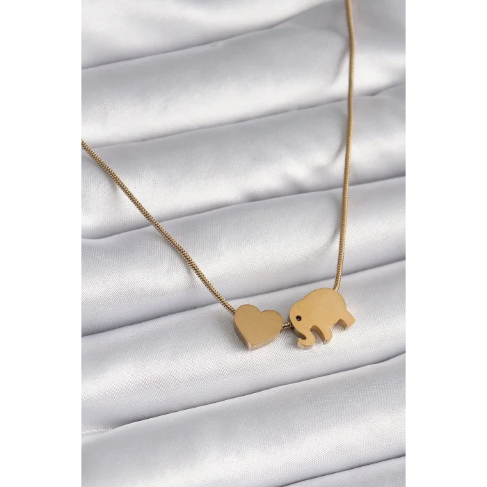 BUĞZ 316L Çelik Gold Renk Fil Kalp Figürlü Kadın Kolye
