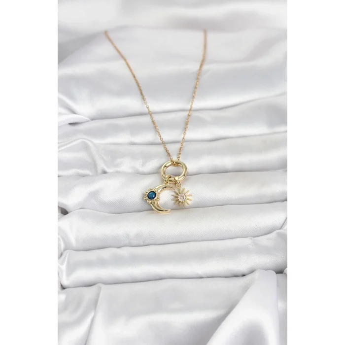 BUĞZ 316L Çelik Gold Renk Gece Gündüz Tema Charmlı Kadın Kolye