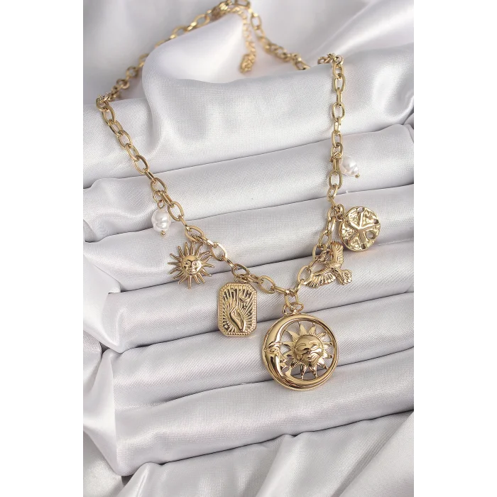 BUĞZ 316L Çelik Gold Renk Halka Zincir Sallantı Ay Güneş Figür Kuş Detay Kadın Kolye - BUĞZ