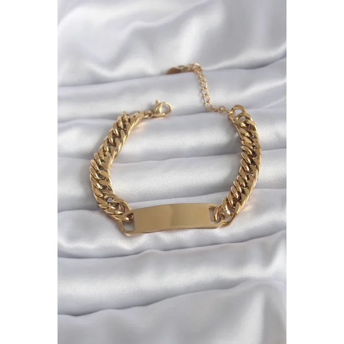 BUĞZ 316L Çelik Gold Renk İsim Yazılabilir Plaka Model Kadın Bileklik