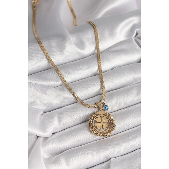 BUĞZ 316L Çelik Gold Renk İtalyan Zincir Dorika Yonca Model Nazar Boncuk Detay Kadın Kolye