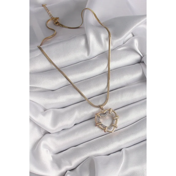 BUĞZ 316L Çelik Gold Renk İtalyan Zincir Mix Renk Zirkon Taşlı Kalp Model Kadın Kolye - BUĞZ