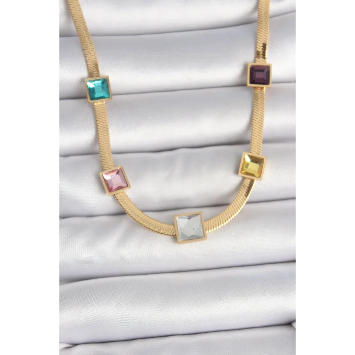 BUĞZ 316L Çelik Gold Renk İtalyan Zincir Model Kare Renkli Zirkon Taşlı Kadın Kolye