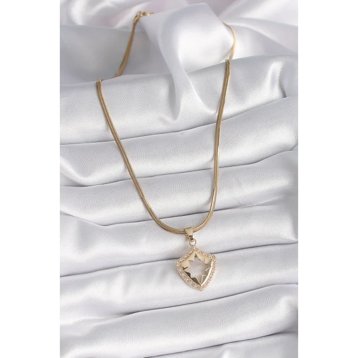 BUĞZ 316L Çelik Gold Renk İtalyan Zincir Zirkon Taşlı Kutup Yıldız İşleme Kadın Kolye - BUĞZ