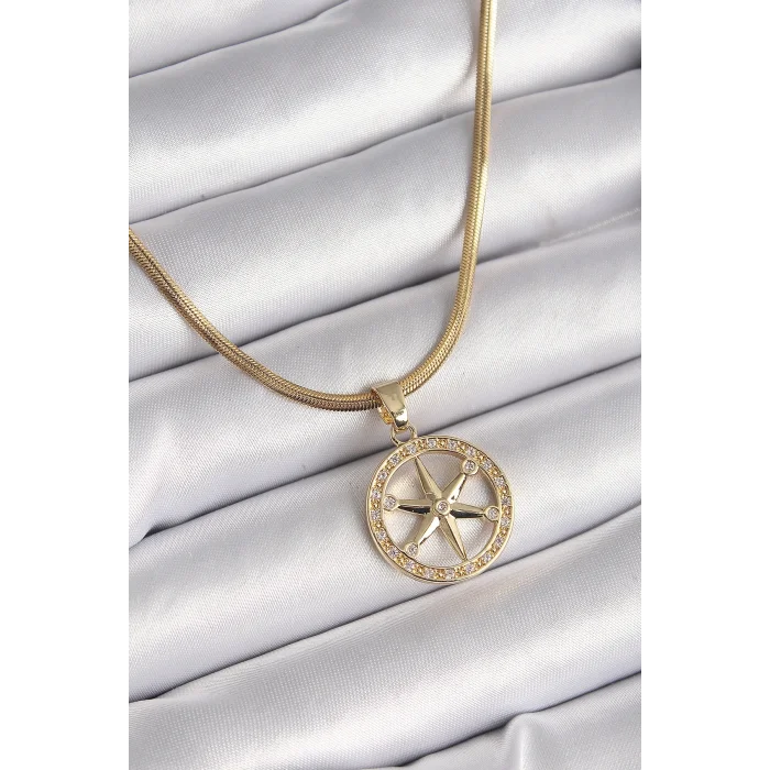 BUĞZ 316L Çelik Gold Renk İtalyan Zincir Zirkon Taşlı Kutup Yıldız Model Kadın Kolye