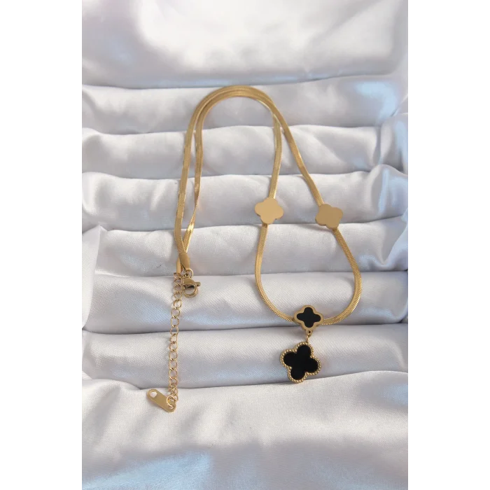 BUĞZ 316L Çelik Gold Renk İtalyan Zincirli Mineli Yonca Kolye - Lisinya