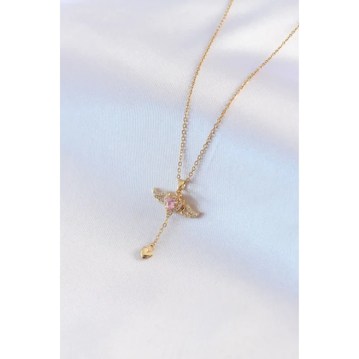 BUĞZ 316L Çelik Gold Renk Kanatlı Kalp Model Zirkon Taş Detay Kadın Kolye - Lisinya