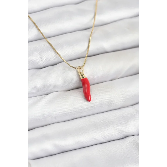 BUĞZ 316L Çelik Gold Renk Kapya Kırmızı Biber Model Kadın Kolye