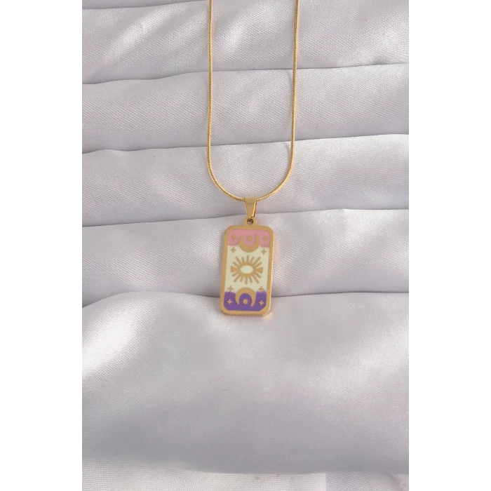 BUĞZ 316L Çelik Gold Renk Karışık Mineli Ay Figür Tarot Kolye