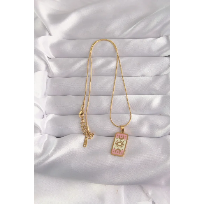 BUĞZ 316L Çelik Gold Renk Karışık Mineli Ay Figür Tarot Kolye - Lisinya