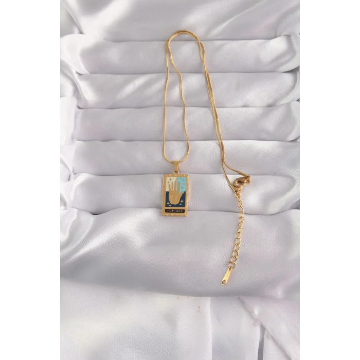 BUĞZ 316L Çelik Gold Renk Karışık Mineli El Figür Tarot Kolye - Lisinya