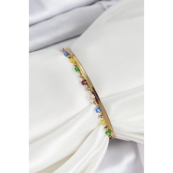 BUĞZ 316L Çelik Gold Renk Karışık Renkli Kristal Taşlı Kadın Bileklik - Lisinya