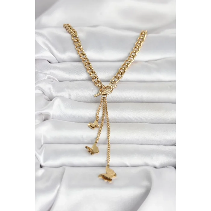 BUĞZ 316L Çelik Gold Renk Kelebek Sallantılı Kadın Kolye - BUĞZ