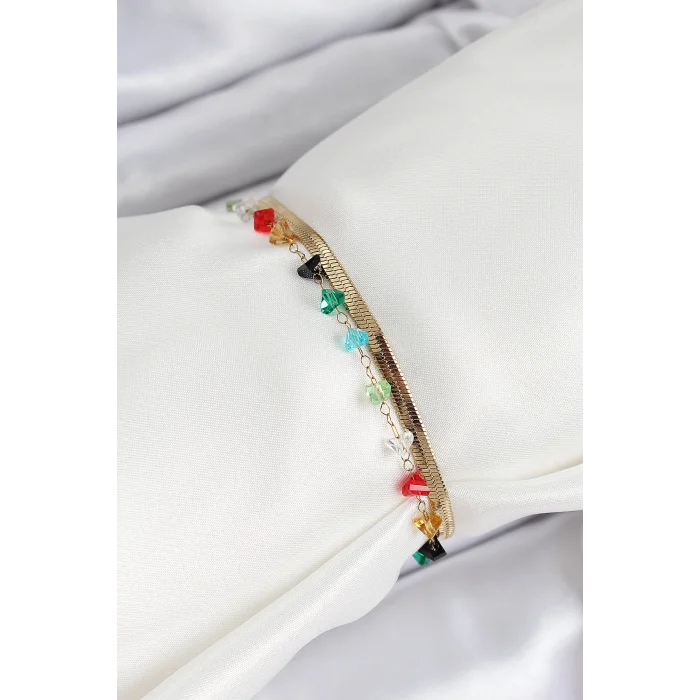 BUĞZ 316L Çelik Gold Renk Kristal Karışık Renkli Taşlı 2li Kadın Bileklik - BUĞZ