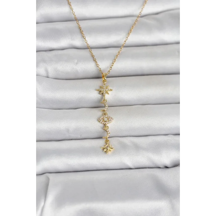 BUĞZ 316L Çelik Gold Renk Kutup Yıldızı Y Model Zirkon Taşlı Kadın Kolye