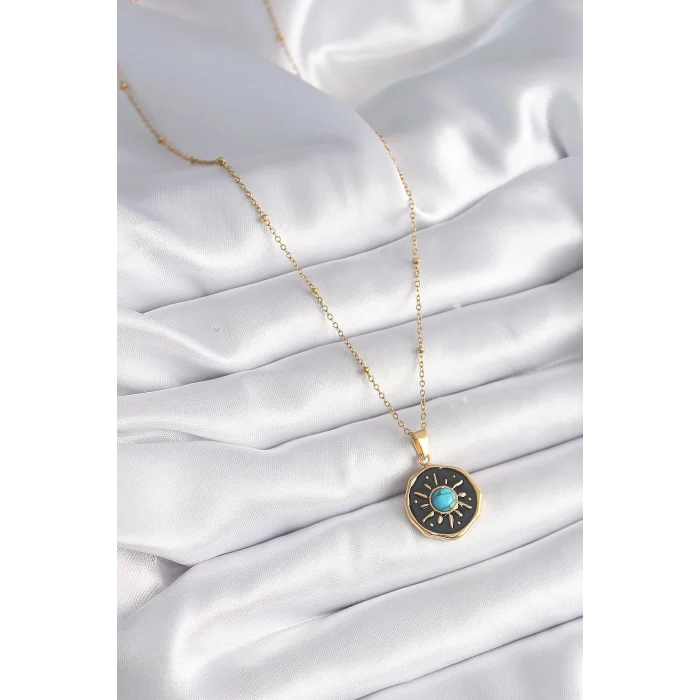 BUĞZ 316L Çelik Gold Renk Mavi Boncuk Güneş İşleme Madalyon Model Kadın Kolye