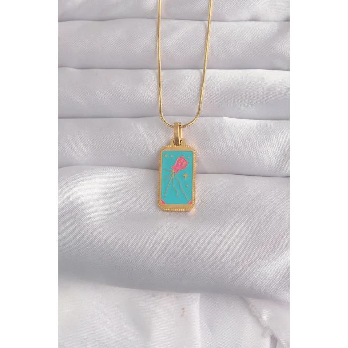 BUĞZ 316L Çelik Gold Renk Mavi Mineli Tarot Kolye