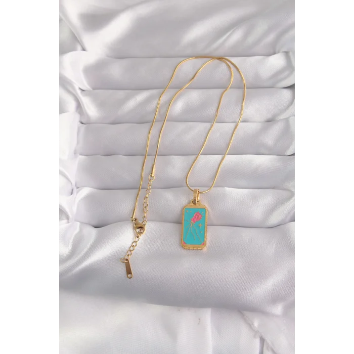 BUĞZ 316L Çelik Gold Renk Mavi Mineli Tarot Kolye - Lisinya