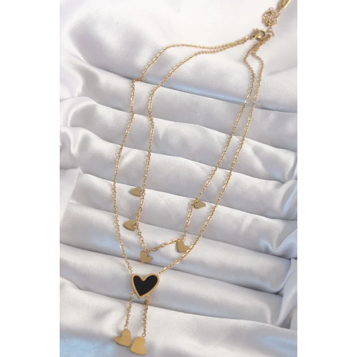 BUĞZ 316L Çelik Gold Renk Mineli Çoklu Kalp Kolye - Lisinya