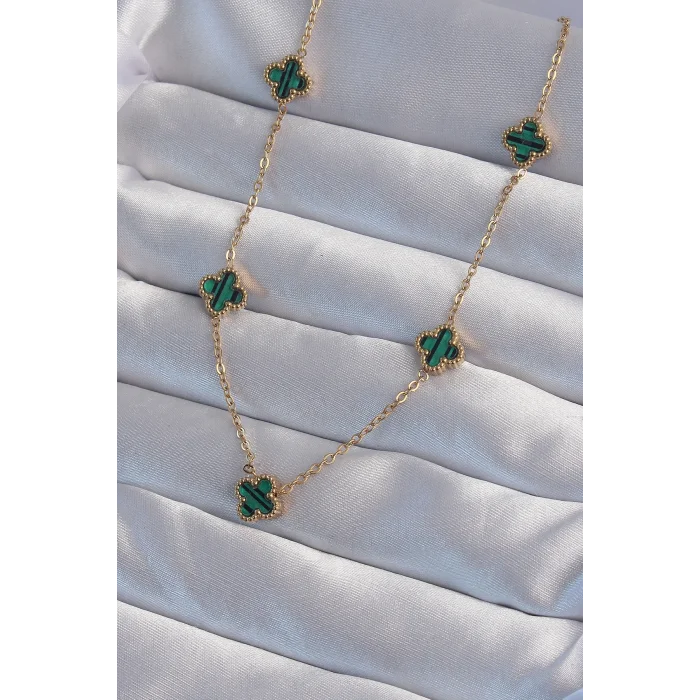 BUĞZ 316L Çelik Gold Renk Minimal Yeşil Mineli Yonca Kolye