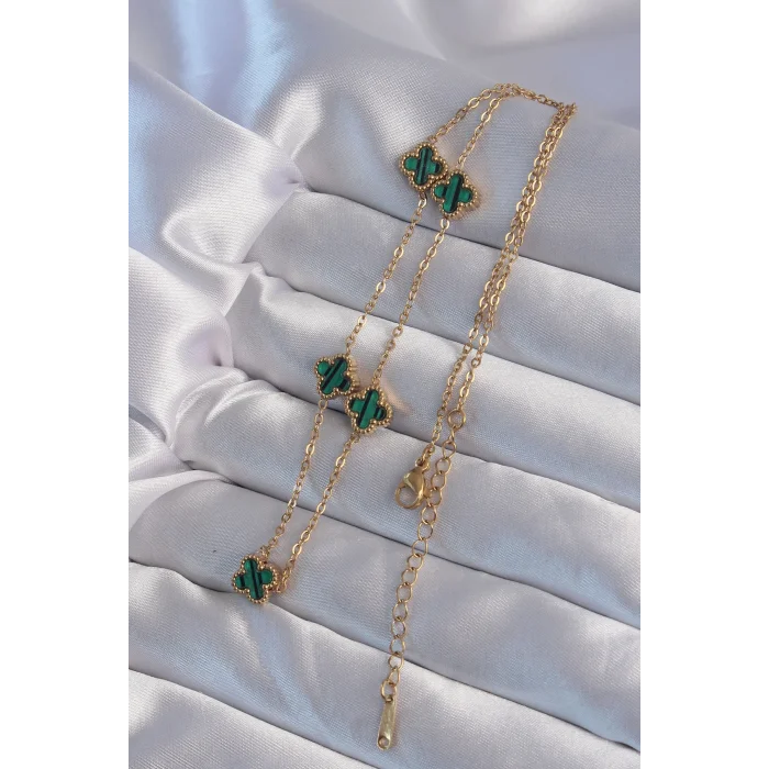 BUĞZ 316L Çelik Gold Renk Minimal Yeşil Mineli Yonca Kolye