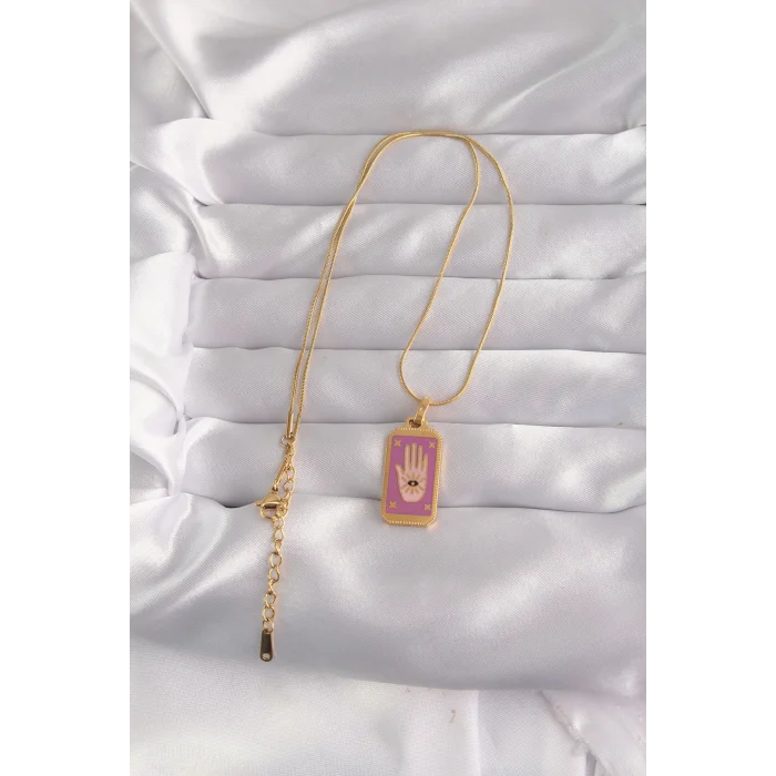 BUĞZ 316L Çelik Gold Renk Mor Mineli El Figür Tarot Kolye - Lisinya