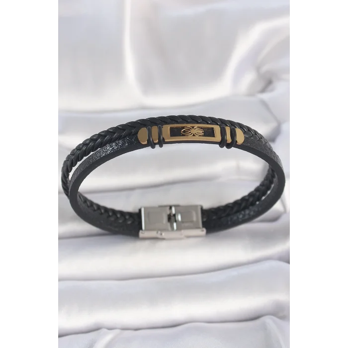 BUĞZ 316L Çelik Gold Renk Örümcek Figür Çift Sıra Burgu Desenli Deri Kordon Erkek Bileklik