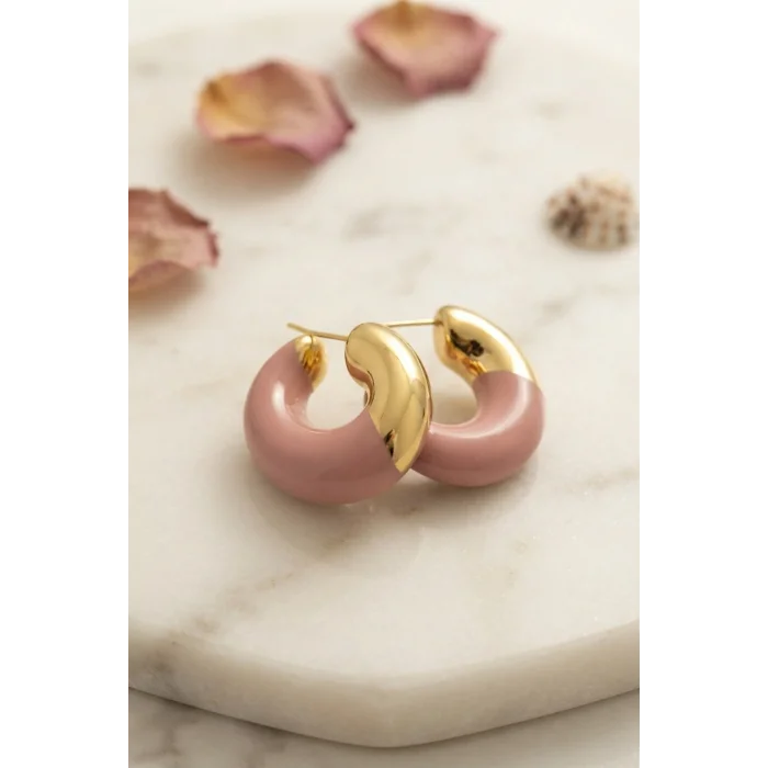 BUĞZ 316L Çelik Gold Renk Pembe Halka Model Kadın Küpe - BUĞZ