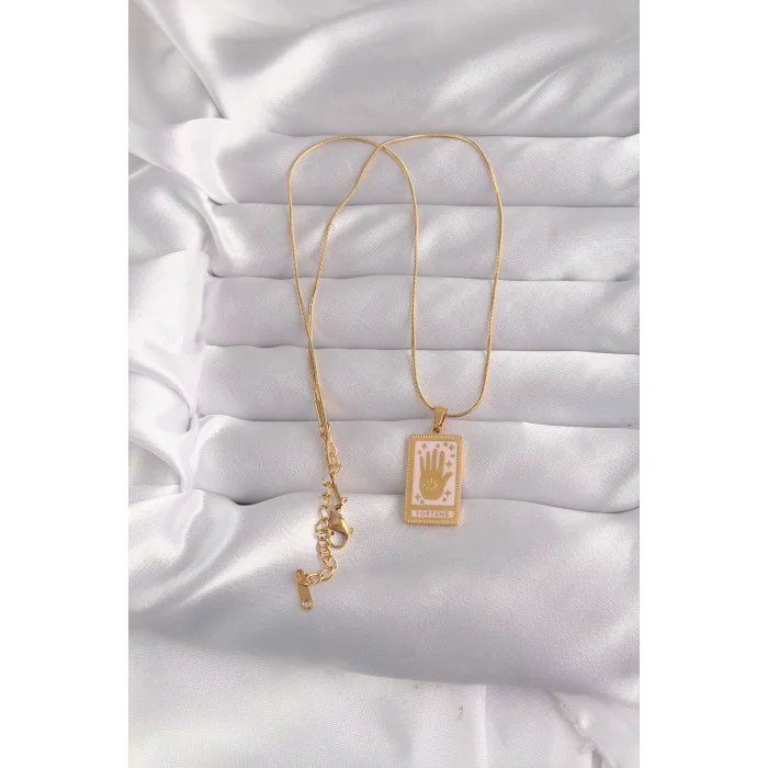 BUĞZ 316L Çelik Gold Renk Pembe Mineli El Figür Tarot Kolye - Lisinya